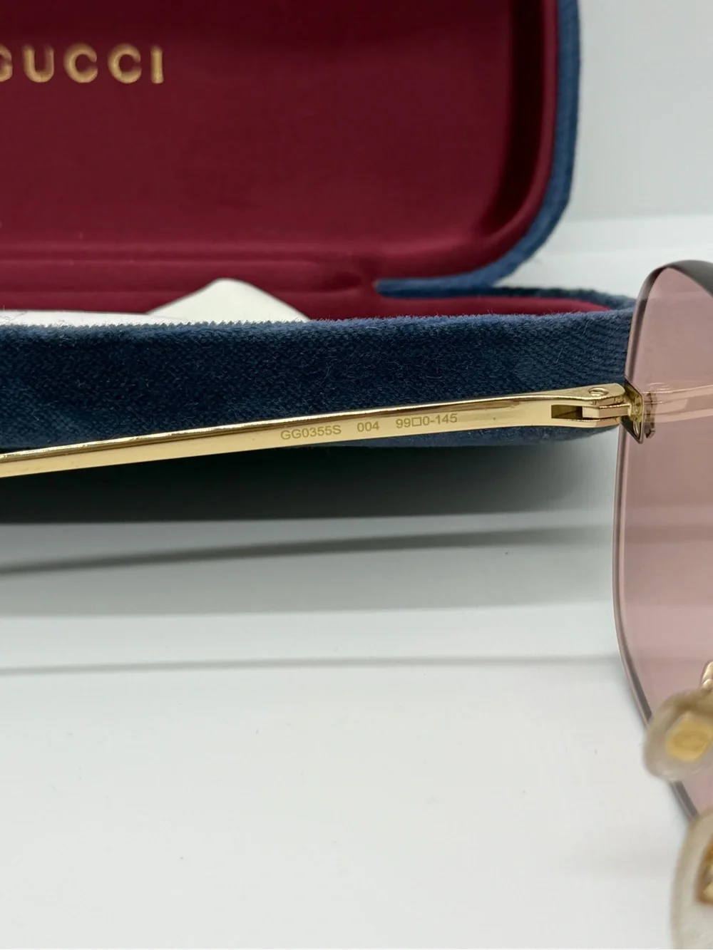 Gucci Gold-Trim Rimless Sunglasses with Rose Lenses
